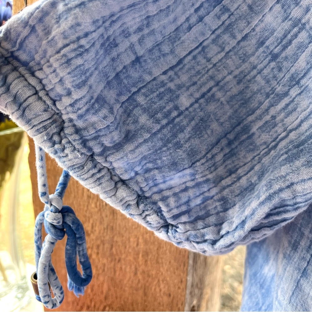 Free People Blue Soft Puckered Cotton Loose w Puff Sleeves/Pockets Midi Dress L - Picture 6 of 11
